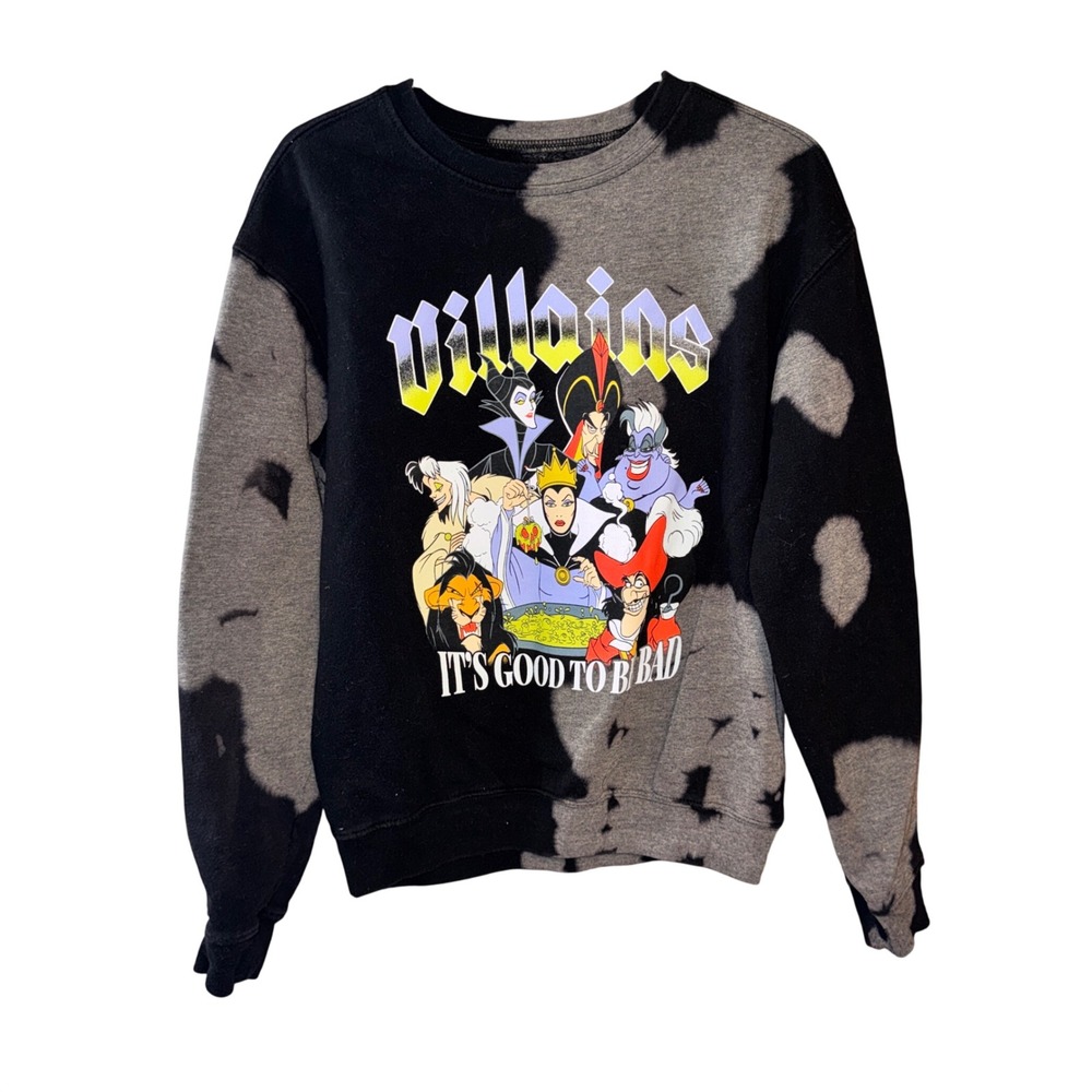 Disney Villains Acid Wash Sweatshirt Black Grey XS It's Good To Be Bad Graphic